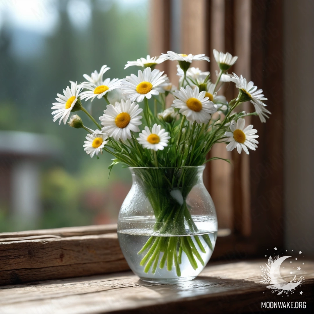 A glass vase with daisies placed on a wooden vintage windowsill.