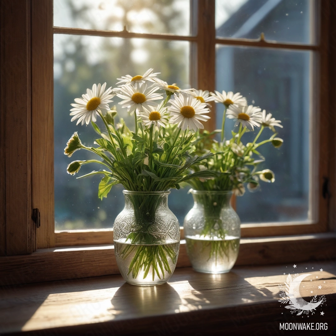 A glass vase filled with cheerful daisies sits on a wooden vintage windowsill, illuminated by soft sun rays.