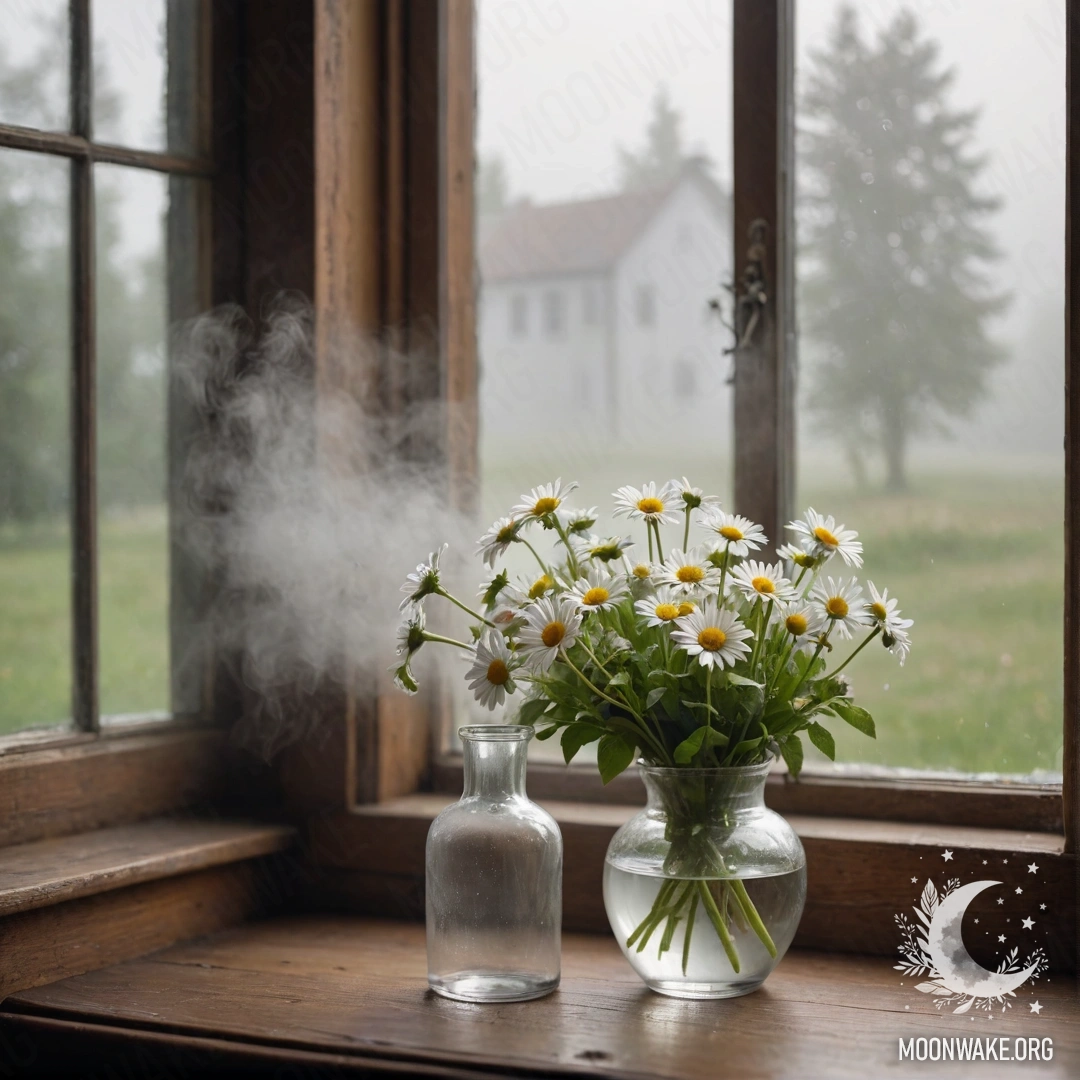 A glass vase with daisies placed on a wooden windowsill in thick fog.