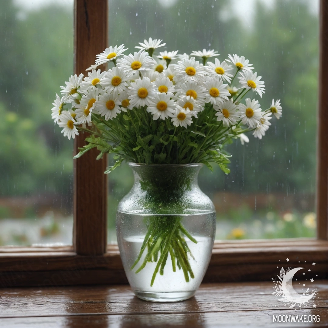A glass vase filled with daisies on a wooden vintage windowsill, rain falling outside.