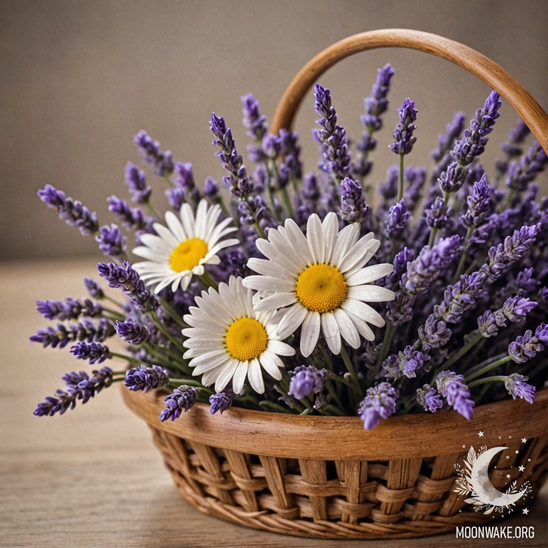 A calm daisy adorned with dew drops, nestled in a lavender-colored basket, evoking a vintage postcard feel.