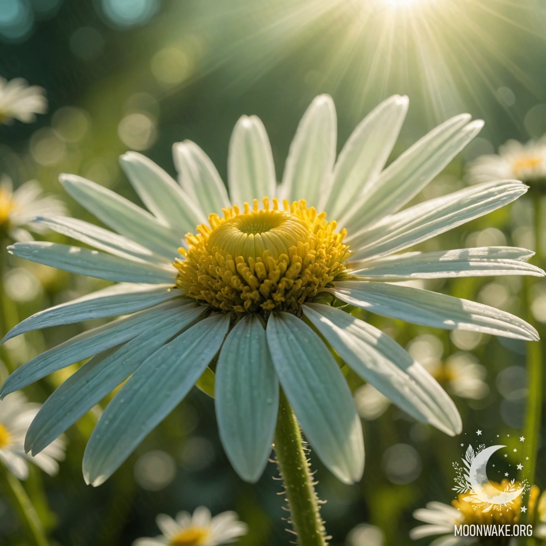 A serene daisy with a mint-colored background and warm sunlight.