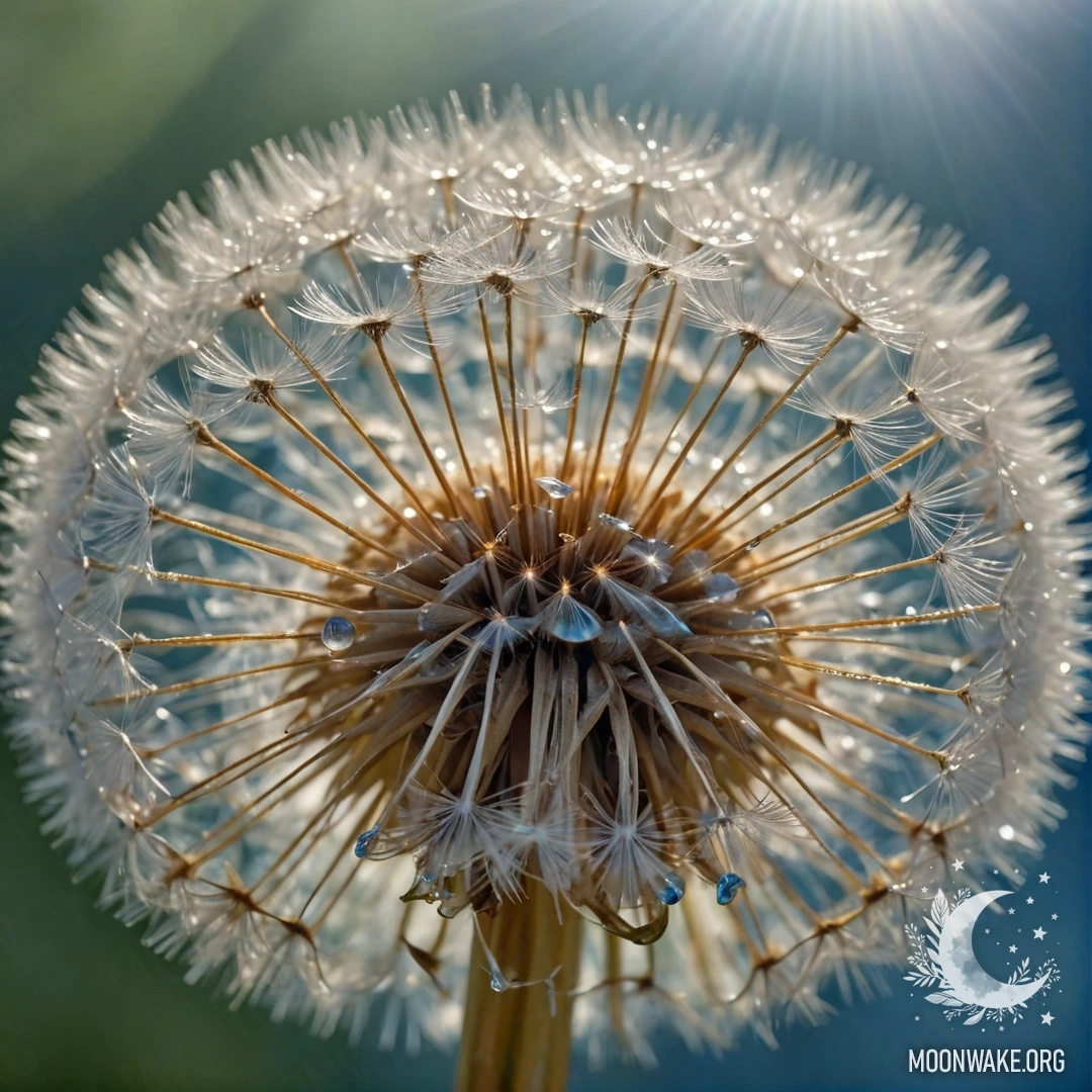 Calm Dandelion in a Blue Basket A calm dandelion with dew drops resting in a blue basket under sunny rays.