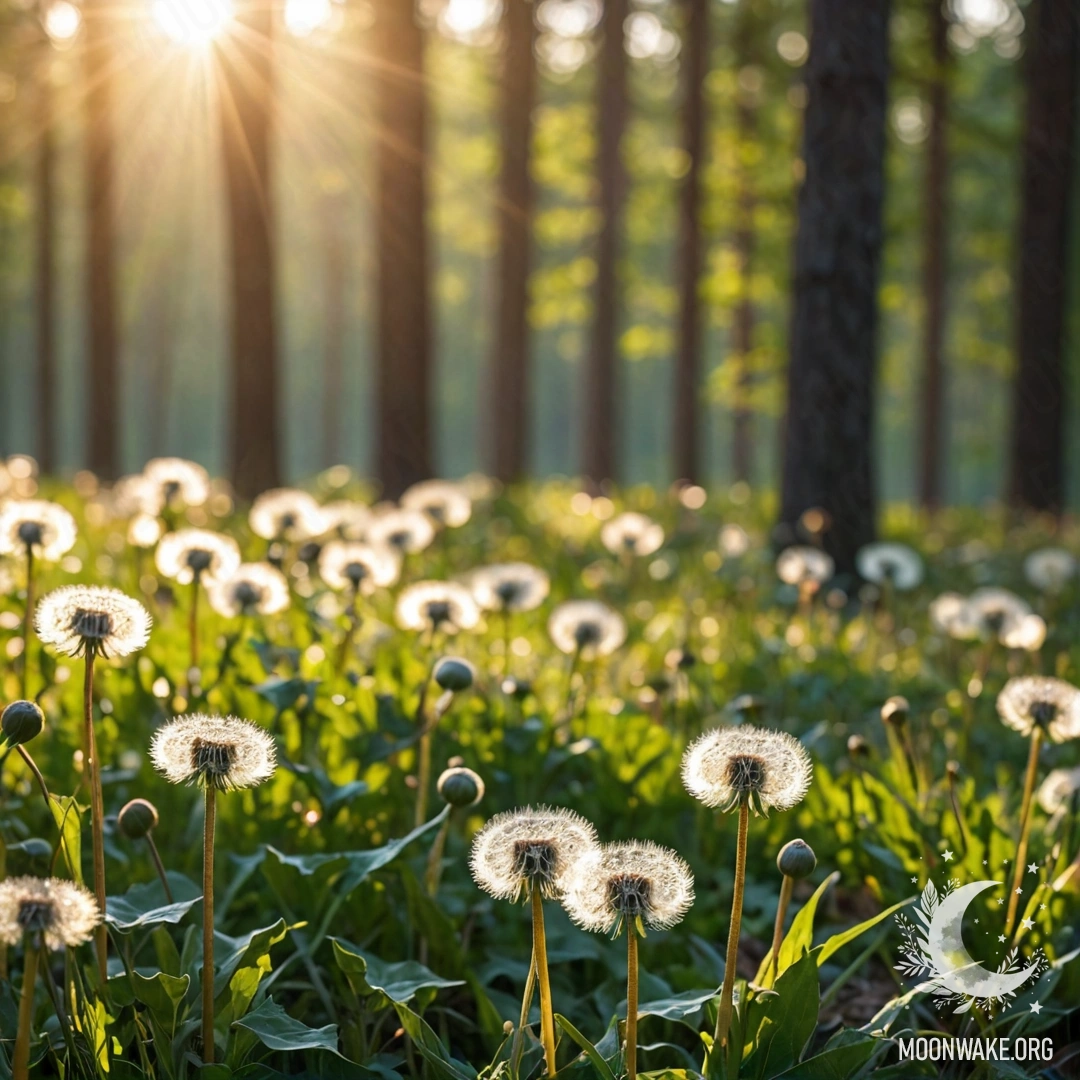 Close-up of dandelions in a serene field with a blurred forest background.