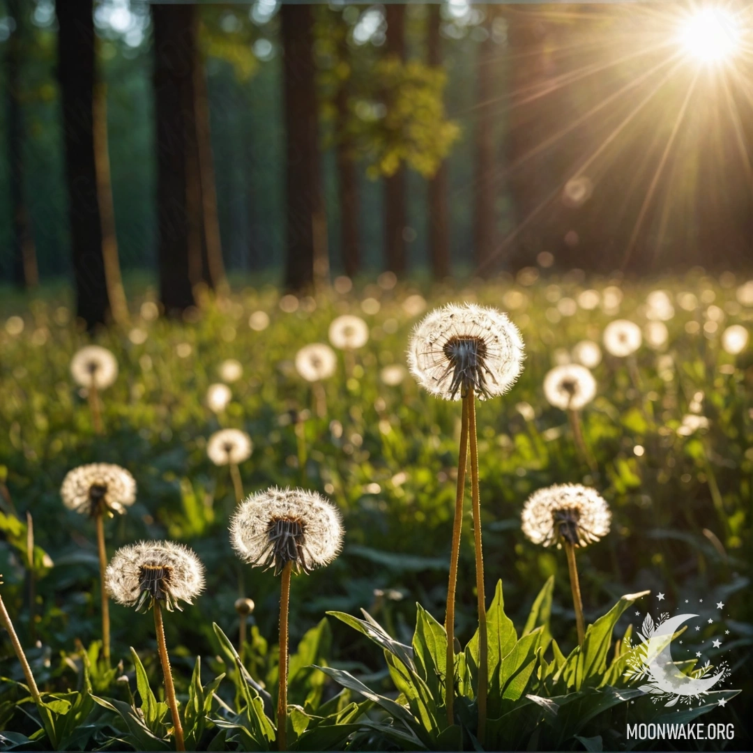 Close-up of dandelions in a calm field against a blurred forest background at night, illuminated by soft sun rays.
