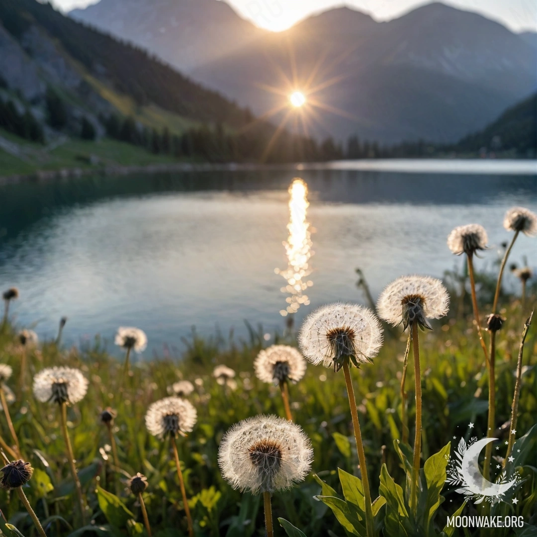 Calm Dandelion Field at Sunset A close-up view of dandelions in a calm field with a bokeh effect of a mountain lake at sunset.