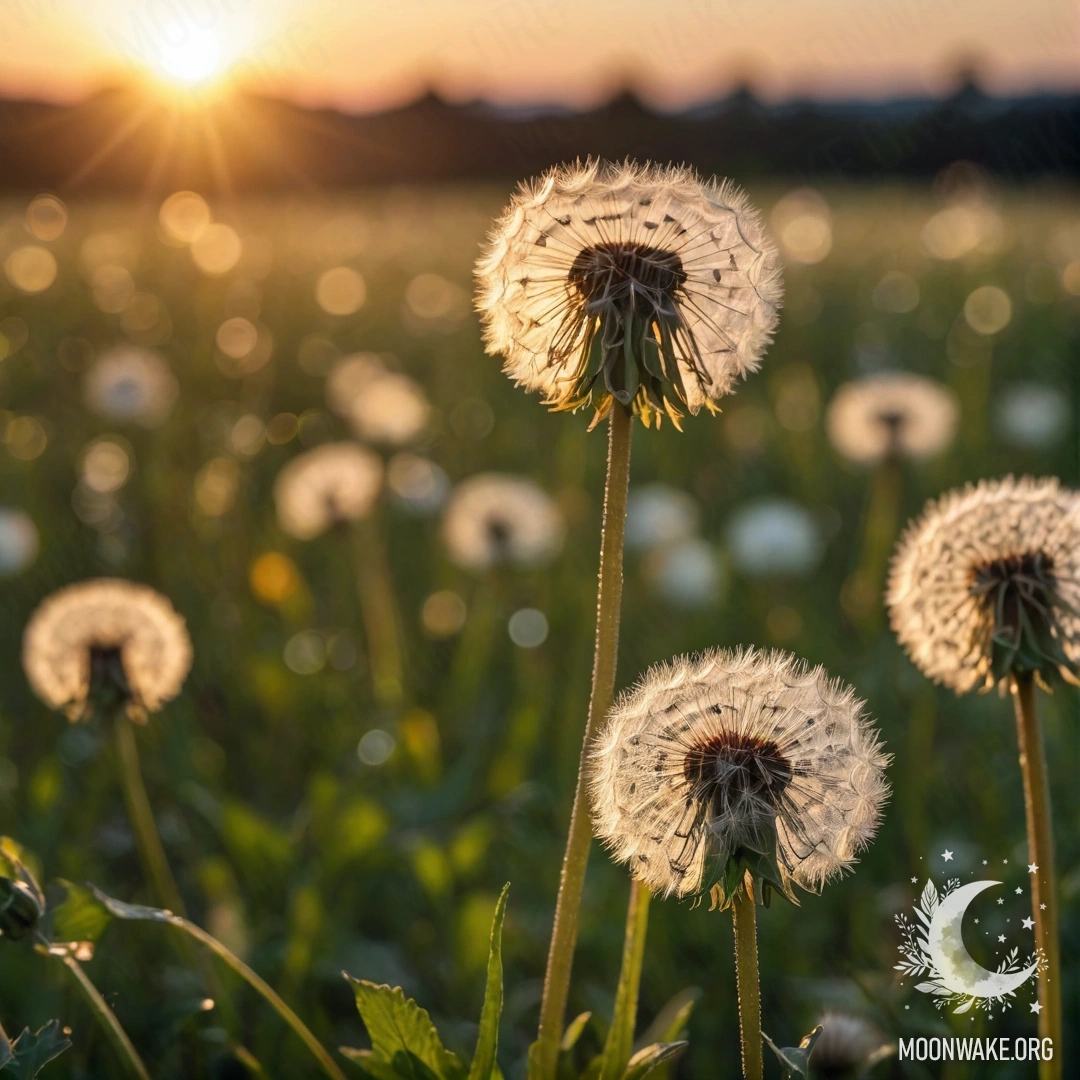 Close-up of dandelions with a soft blurry background of flowers during sunset.
