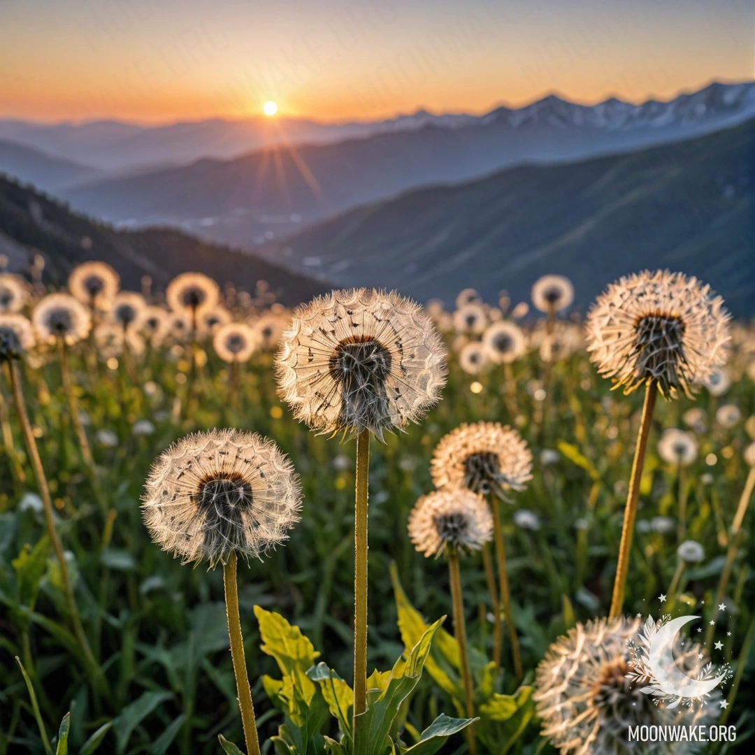 Close-up of dandelions in a calm field with blurred mountains in the background during sunset.
