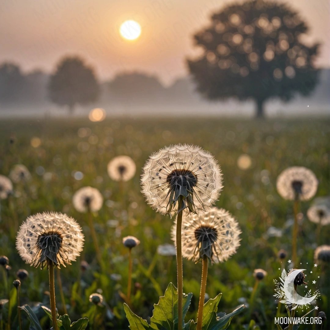 Close-up of dandelions in a serene field with a foggy sunset background.