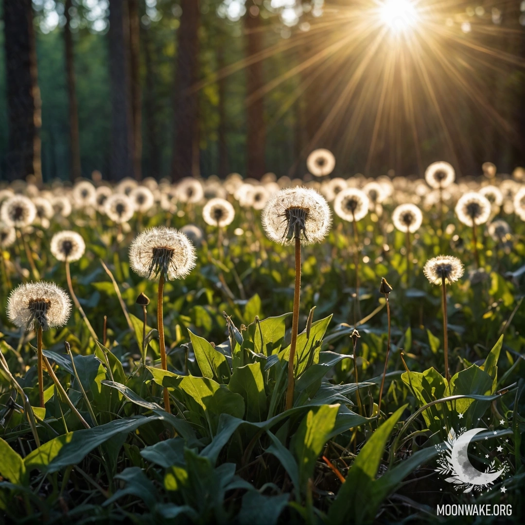 Calm Dandelion Field with Bokeh Forest Close-up of dandelions against a blurred forest background with sun rays