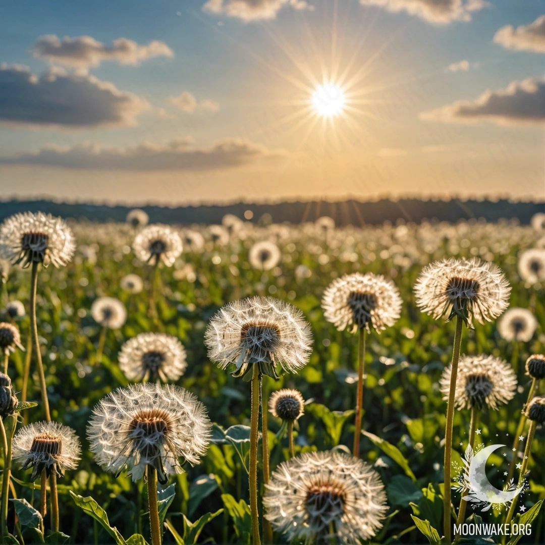 A close-up view of dandelions in a calm field against a blurred sky with clouds and sun rays.