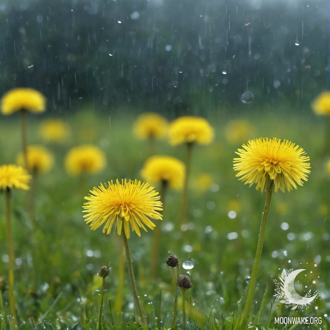 Calm Dandelion Field with Bokeh Sky Close-up of dandelions in a calm field with a blurred sky in the background, featuring raindrops.