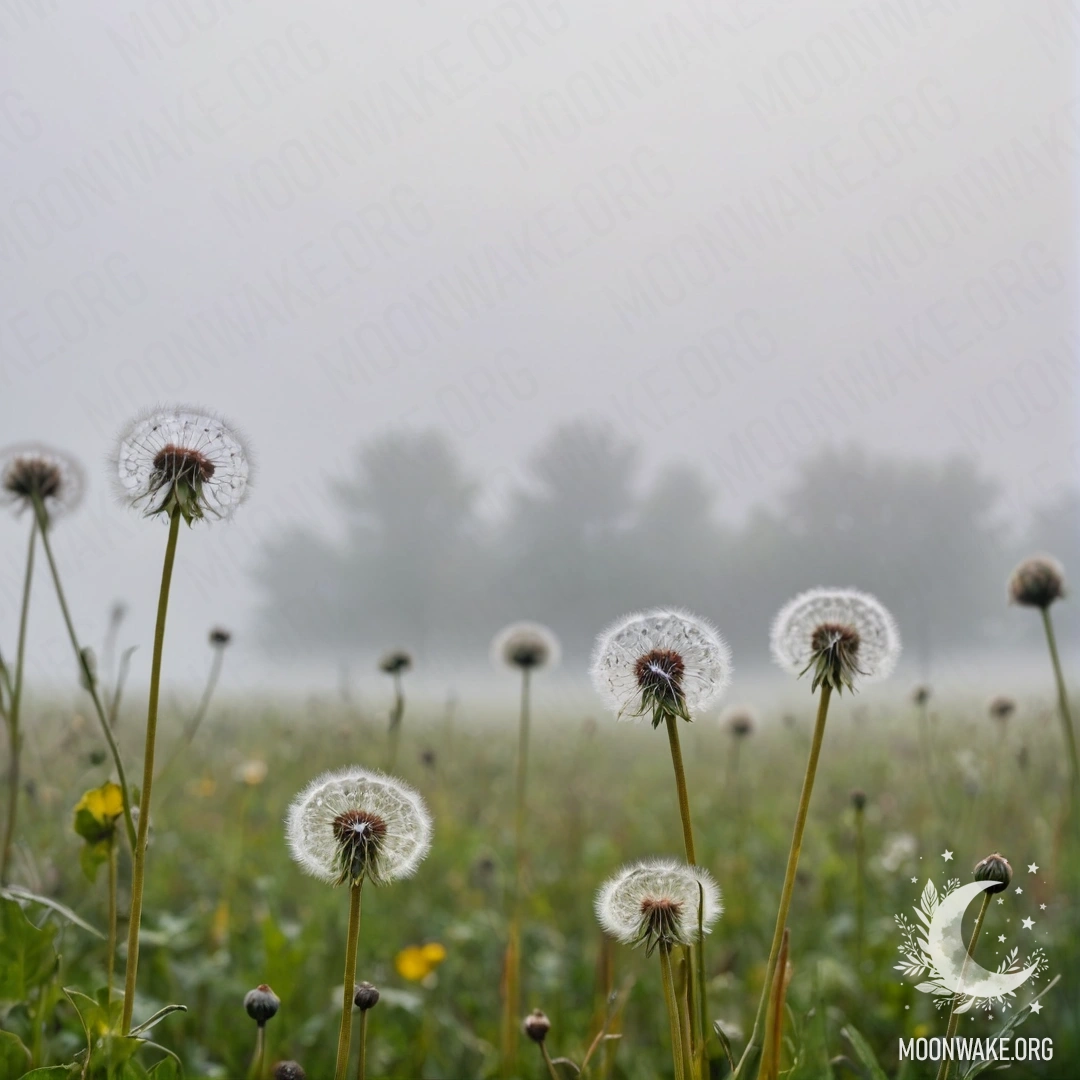 Close-up view of dandelions in a calm field, blurred sky and fog in the background.