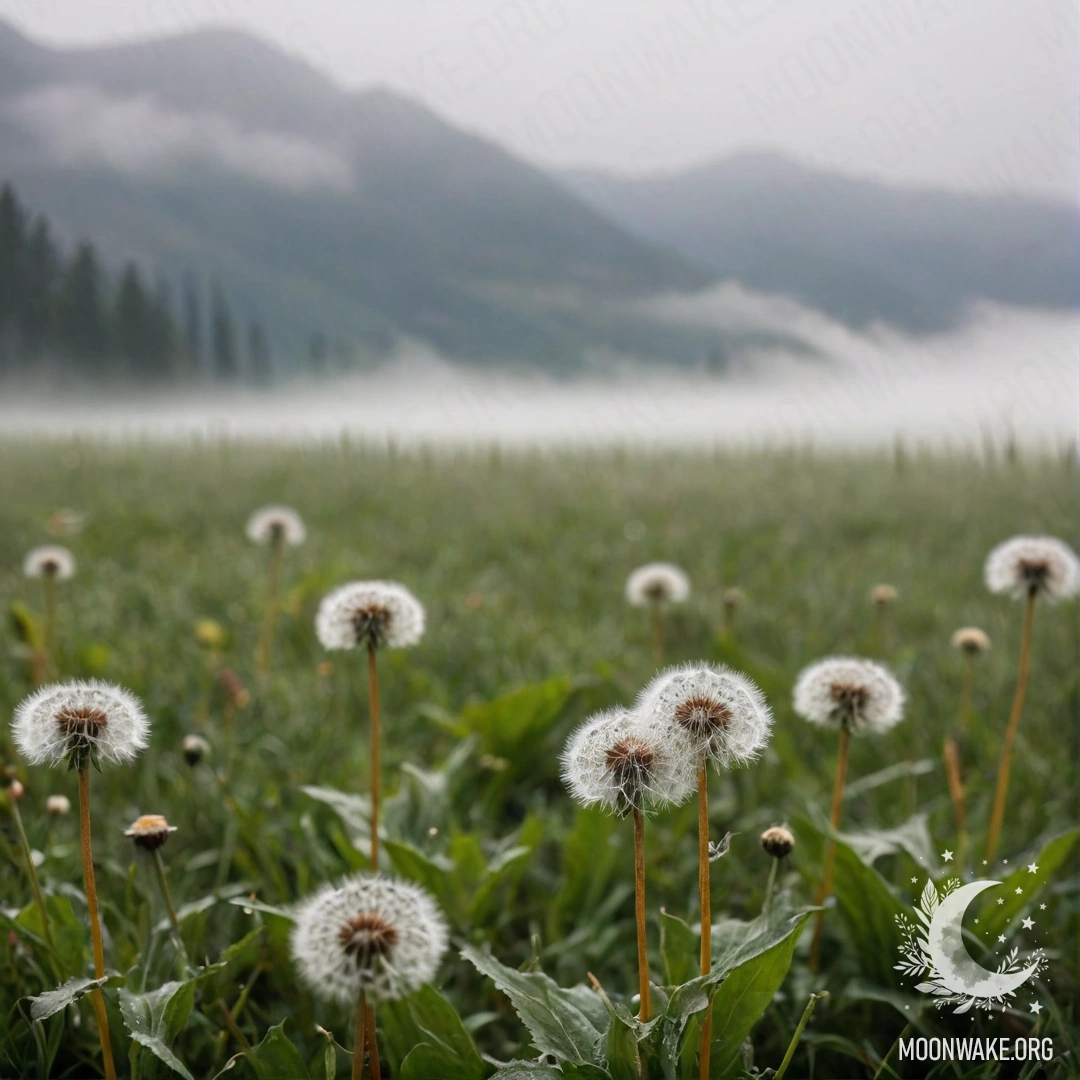 Calm Dandelion Field with Misty Mountains Close-up of dandelions in a field with foggy mountains in the background.