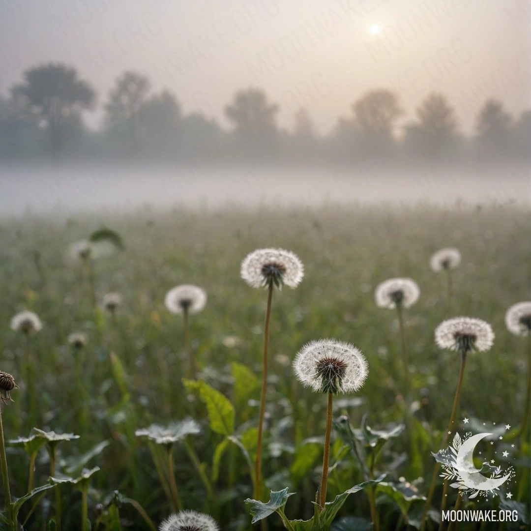 Close-up of dandelions against a soft bokeh sky filled with clouds and mist.