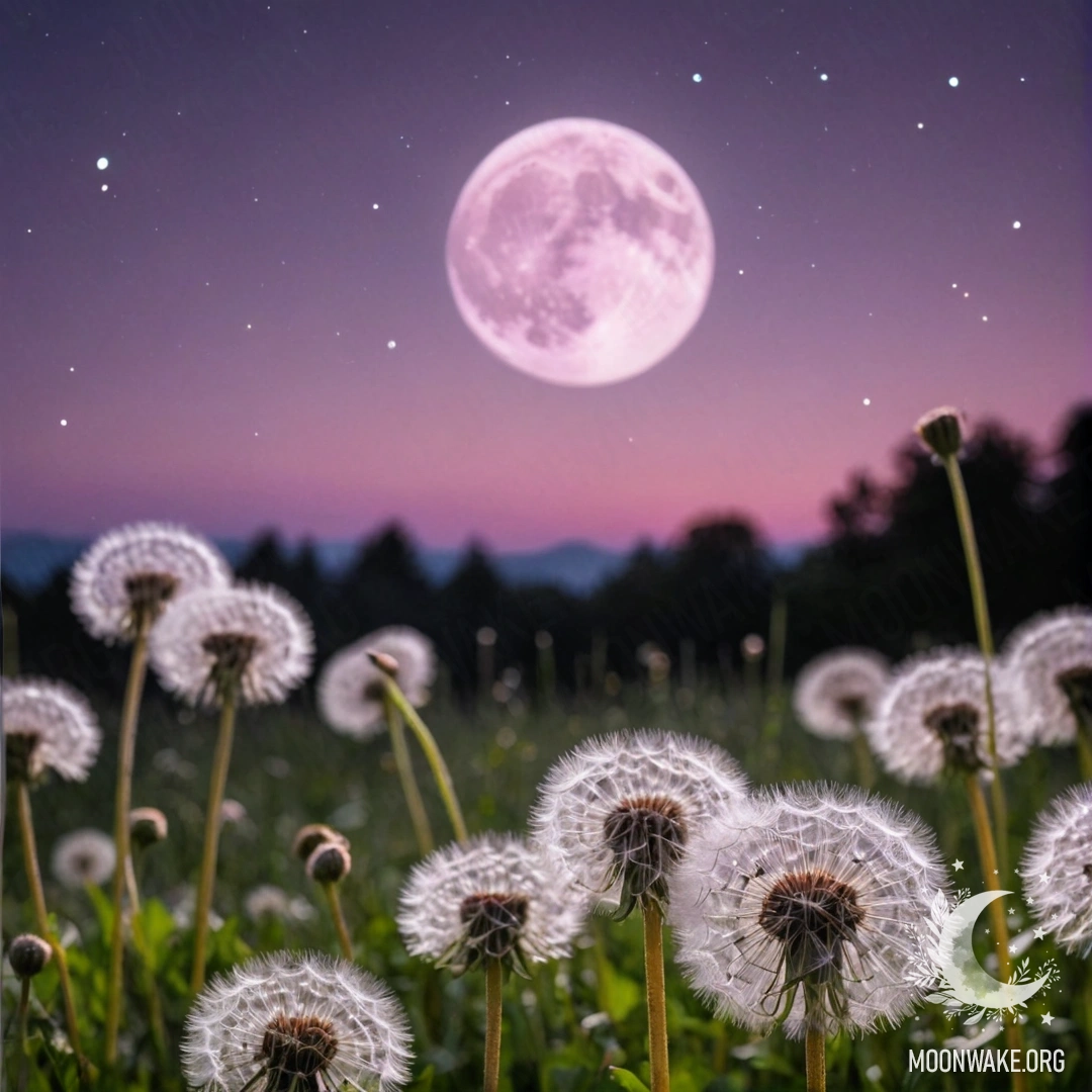 A close-up view of dandelions in a calm field with a pink violet sky and moon in the background at night.