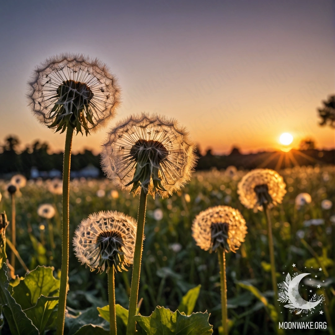 Close-up of dandelions against a bokeh sunset backdrop at night.