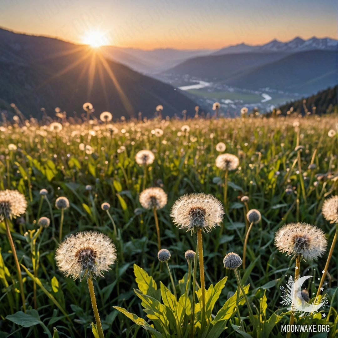 Calm Dandelion Field at Sunset Close-up of dandelions with blurred mountains in the background during sunset.
