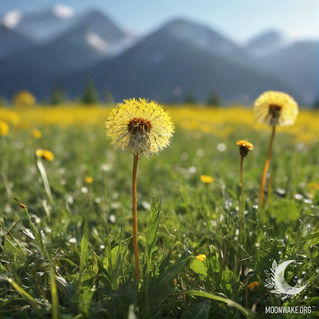 Calm Dandelion Field with Mountains Close-up of dandelions in a calm field with blurred mountains in the background.