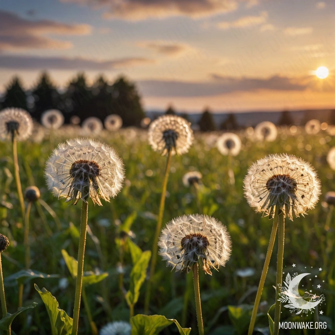 Close-up of dandelions in a field against a blurred sunset sky.