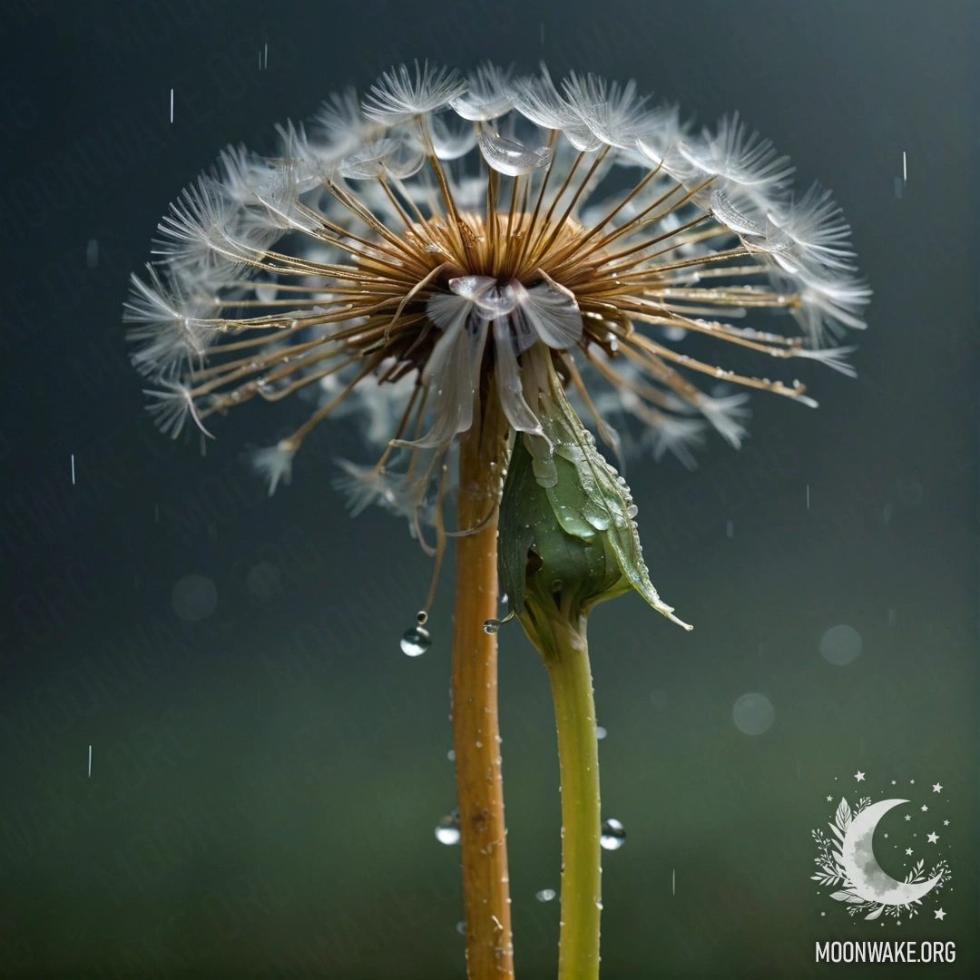 A calm dandelion in the mist under the rain at night, decorated with mint-colored rhinestones.