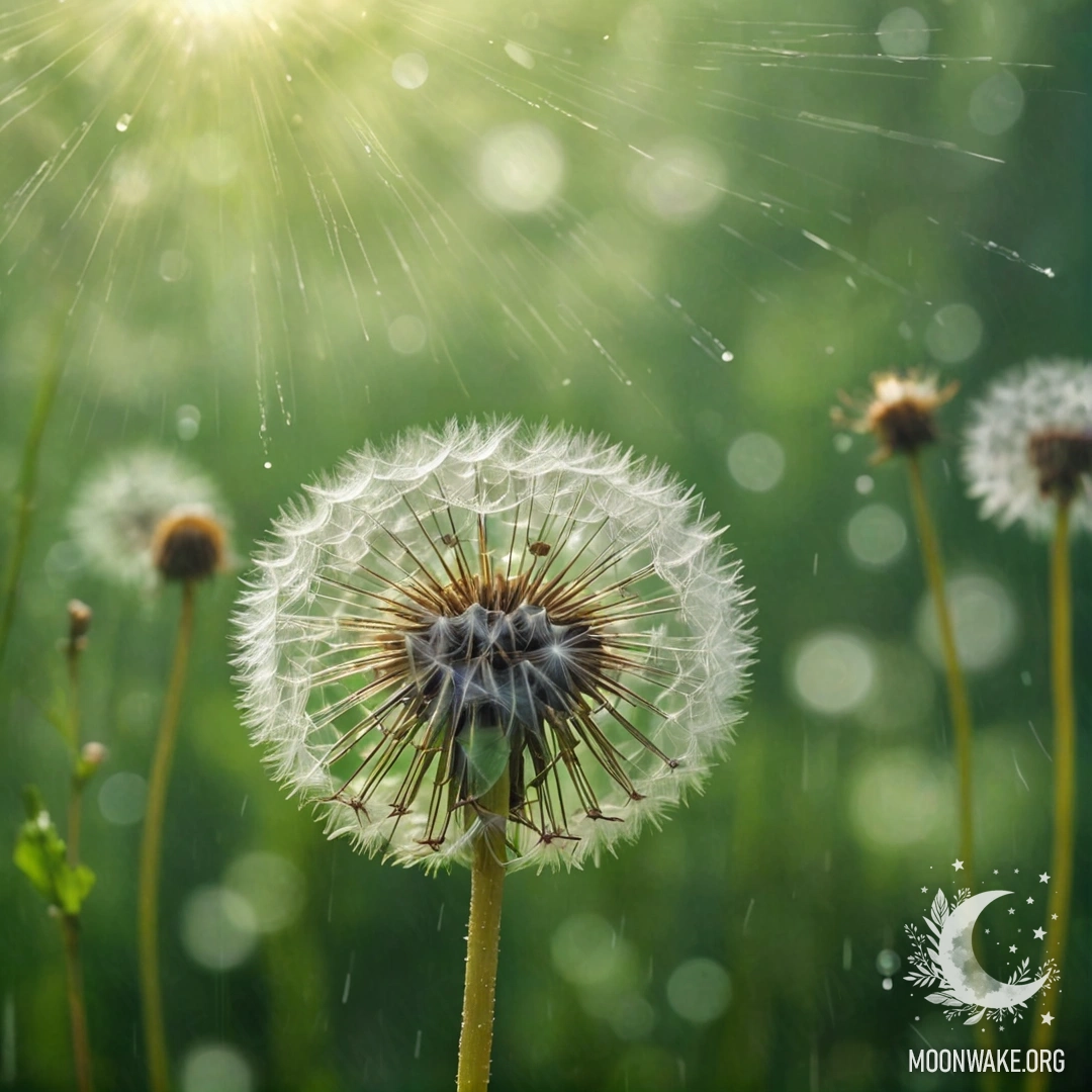 A delicate dandelion is surrounded by mist and gentle rain, with soft sunlight filtering through, creating a serene atmosphere.