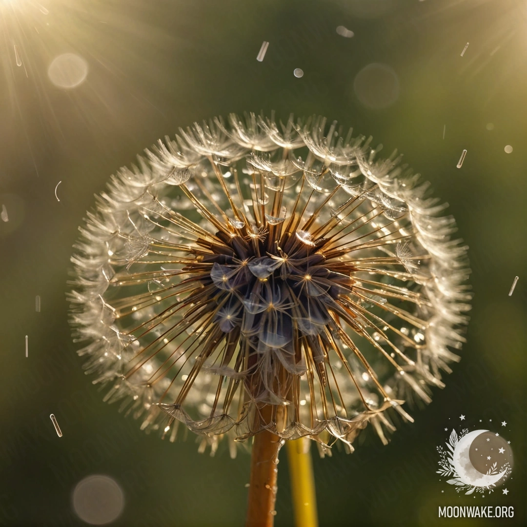 Calm Dandelion Under the Rain with Sunlight A serene dandelion swaying under raindrops, illuminated by sunlight.
