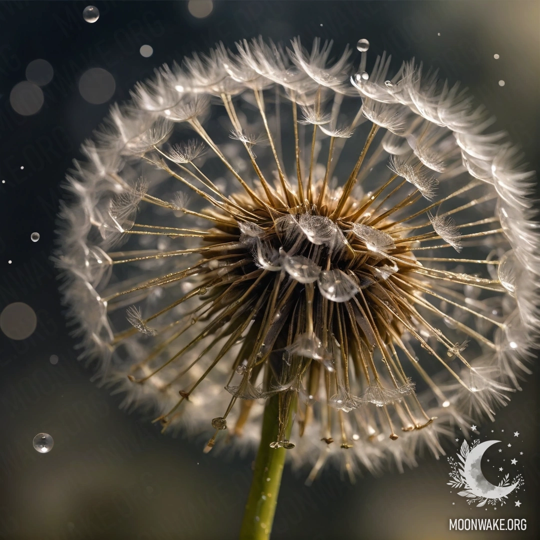A delicate dandelion with dew drops sparkling at night, surrounded by a serene atmosphere.