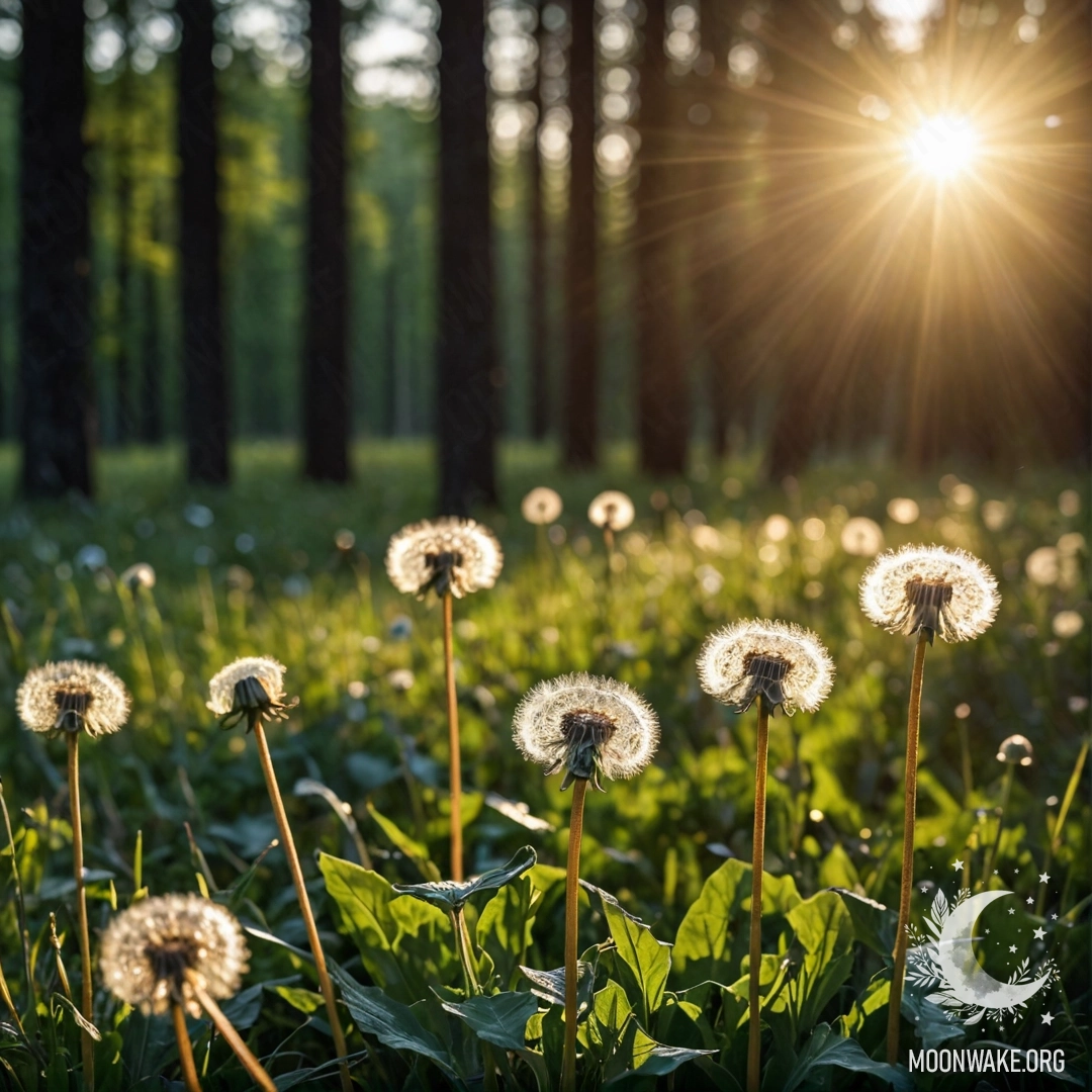 Calm Dandelions in Moonlit Forest Close-up of dandelions in a serene field with a bokeh forest background and sun rays at night.