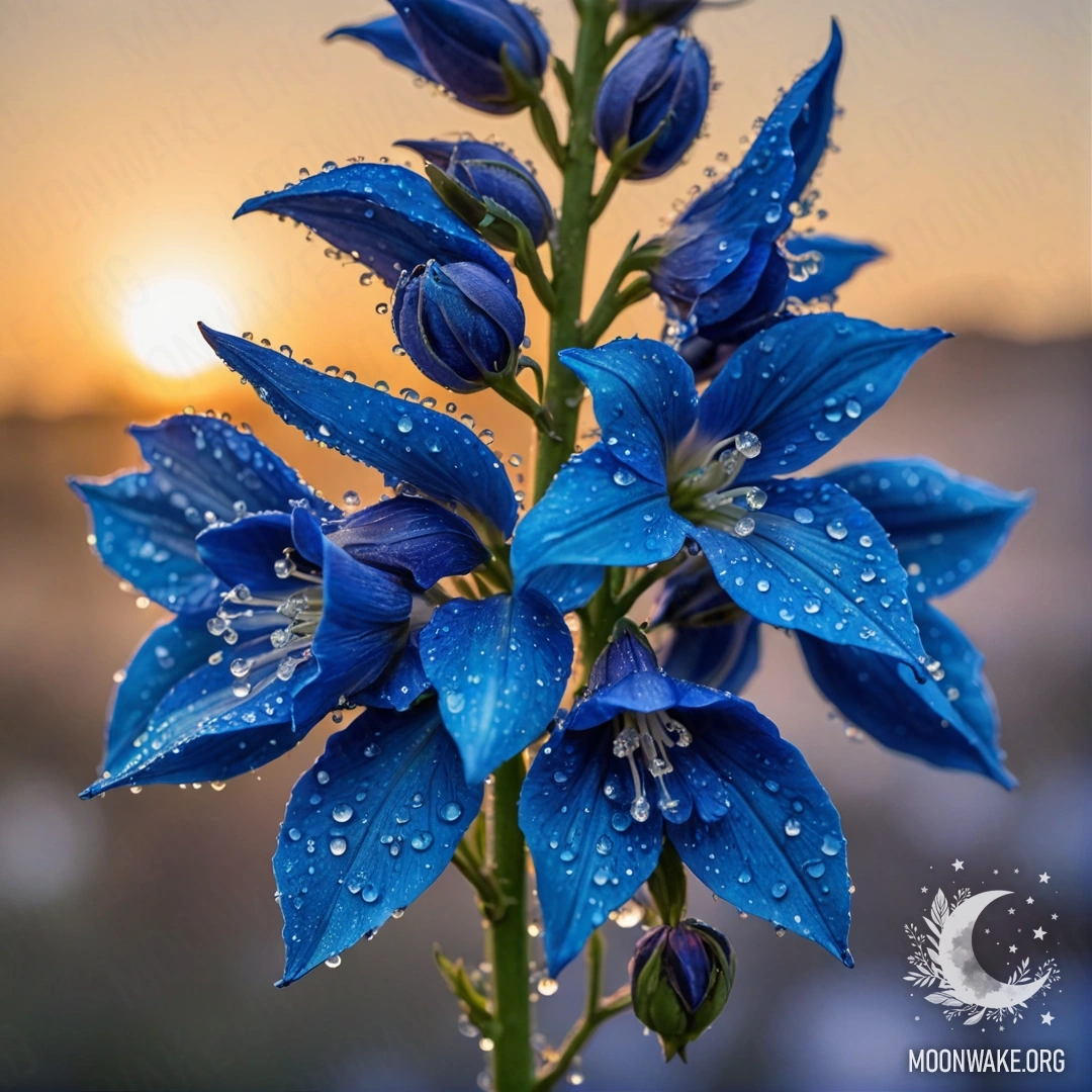 Calm Delphinium at Sunset A calm delphinium adorned with dew drops, shimmering in blue tones during sunset.