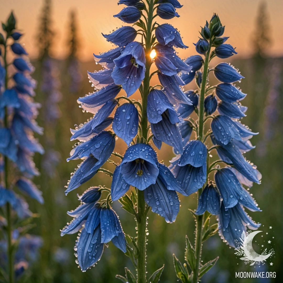 A serene delphinium with dew drops against a mint-colored sunset.