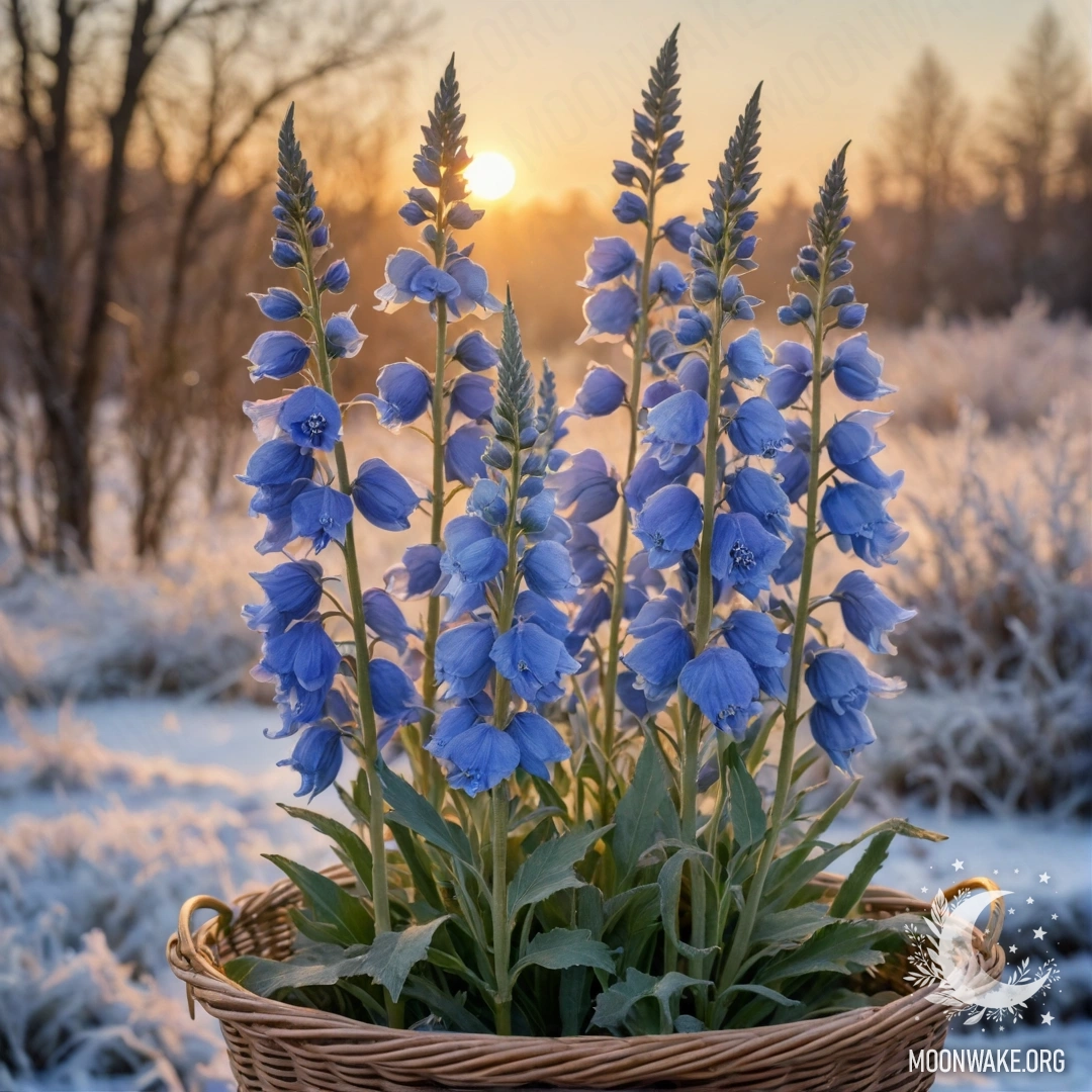 Calm Delphinium in Frost A delicate delphinium flower in a basket, frosted at sunset.