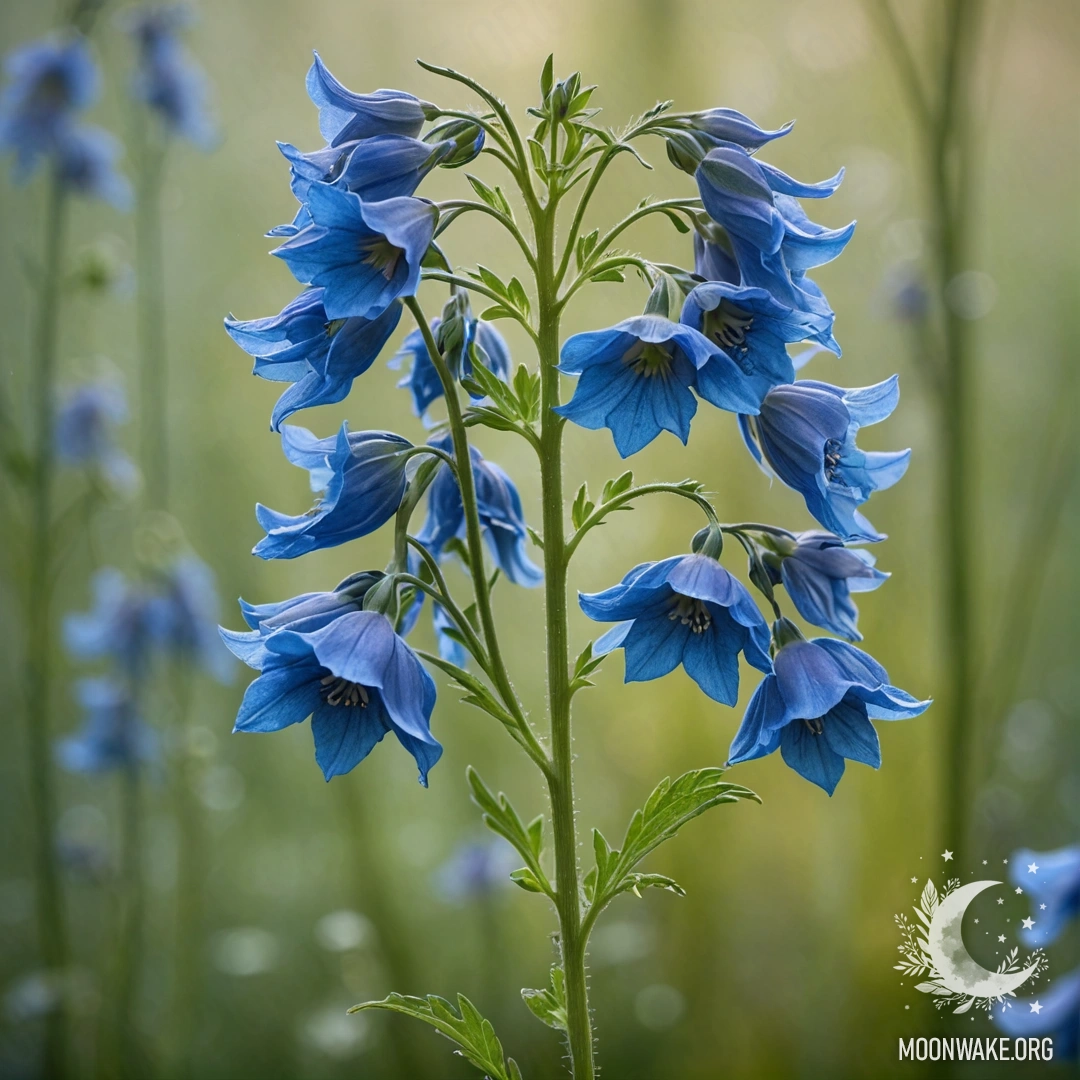 A tranquil delphinium flower surrounded by a misty atmosphere, colored in greenish-blue.