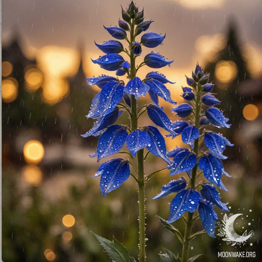 Delphinium Serenity at Sunset Calm delphinium flowers under the rain at sunset with golden sequins.