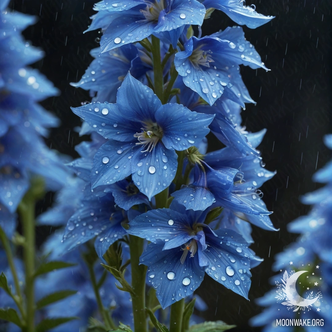 Calm Delphinium Under Rain at Night A serene aquamarine delphinium flower drenched in rain at night.