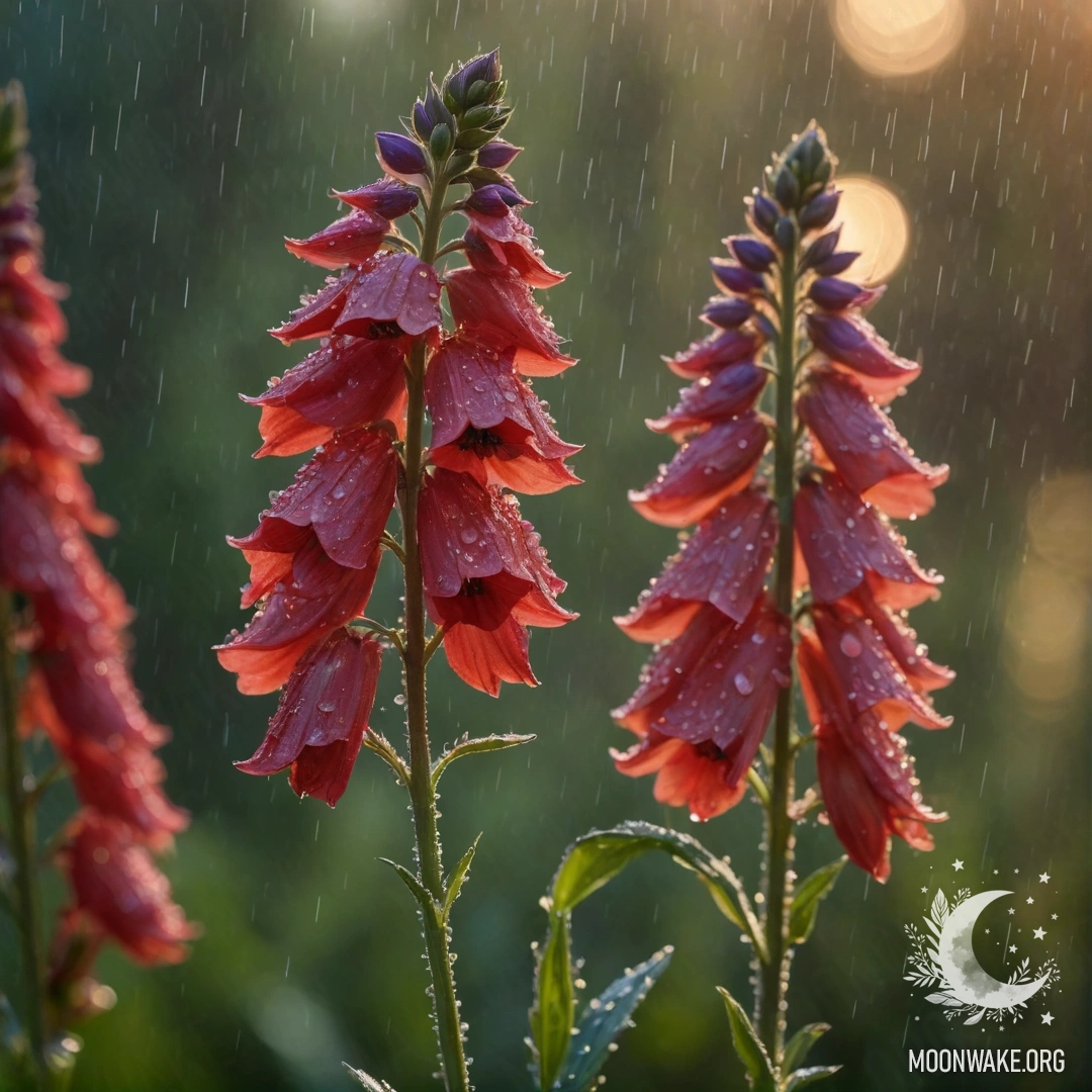 Calm Delphinium Under Rain at Sunset A calm delphinium flower in red color, illuminated by sunset hues while being showered with gentle rain and sparkles.