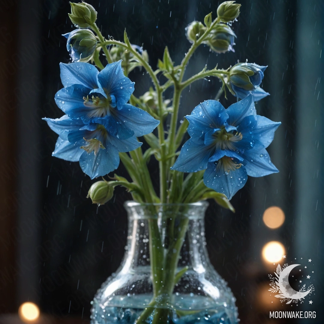 Calm Delphinium in Rainy Night A tranquil aquamarine delphinium in a vase, illuminated by night rain.