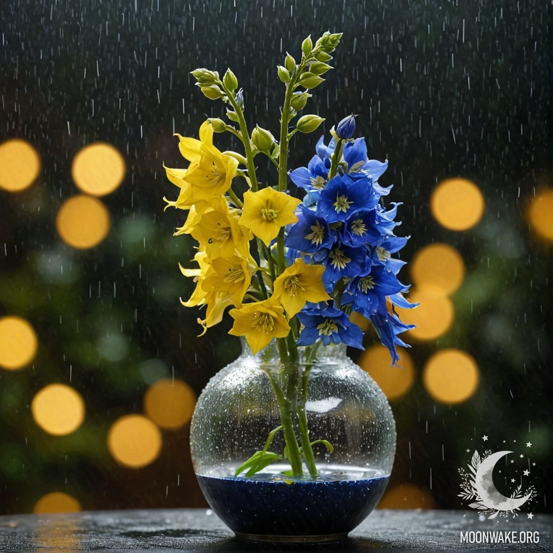 A yellow vase holding calm delphinium flowers under rain at night.