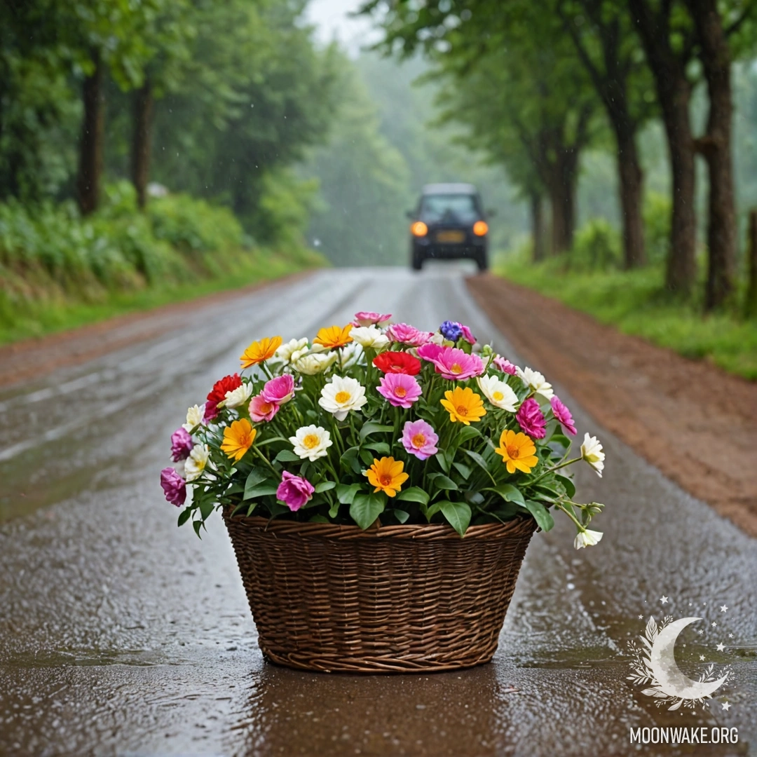 A dirt road with a basket of flowers and blurred trees in the rain.
