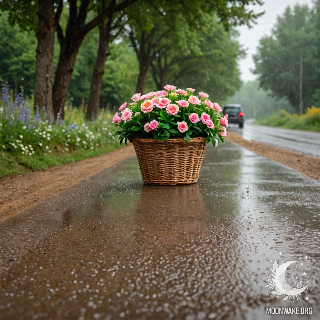 A serene dirt road featuring a basket of flowers surrounded by trees, with a bokeh effect under the rain.