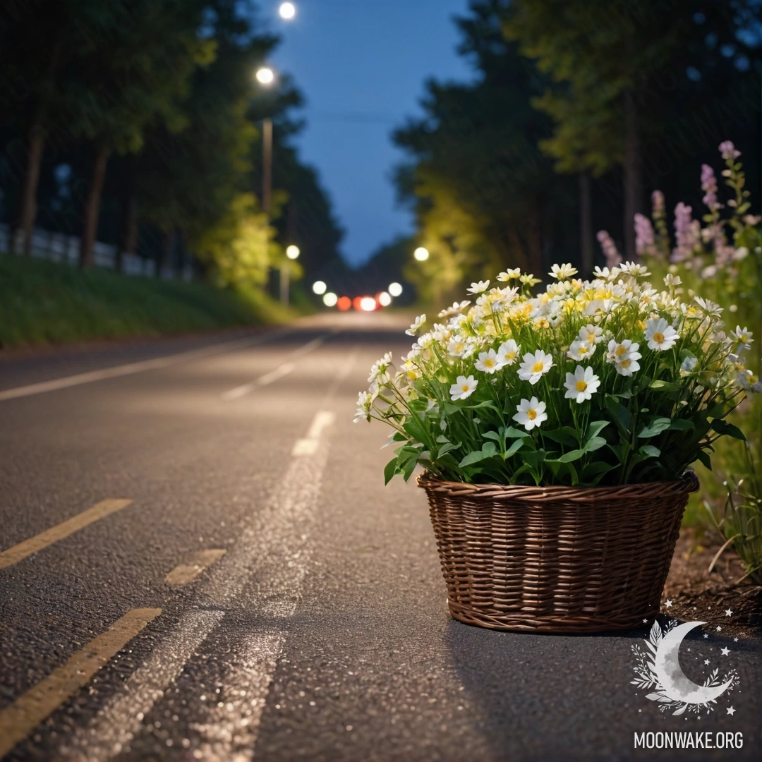 Serene Night Road with Flower Basket A calm dirt road with a basket of flowers in the middle, surrounded by trees at night.
