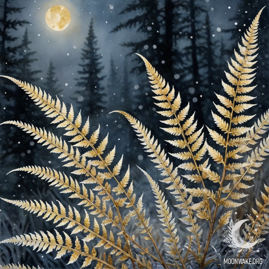 Calm Fern in Frosty Night with Golden Glitter A watercolor painting of a fern covered in frost at night, shimmering with golden glitter.
