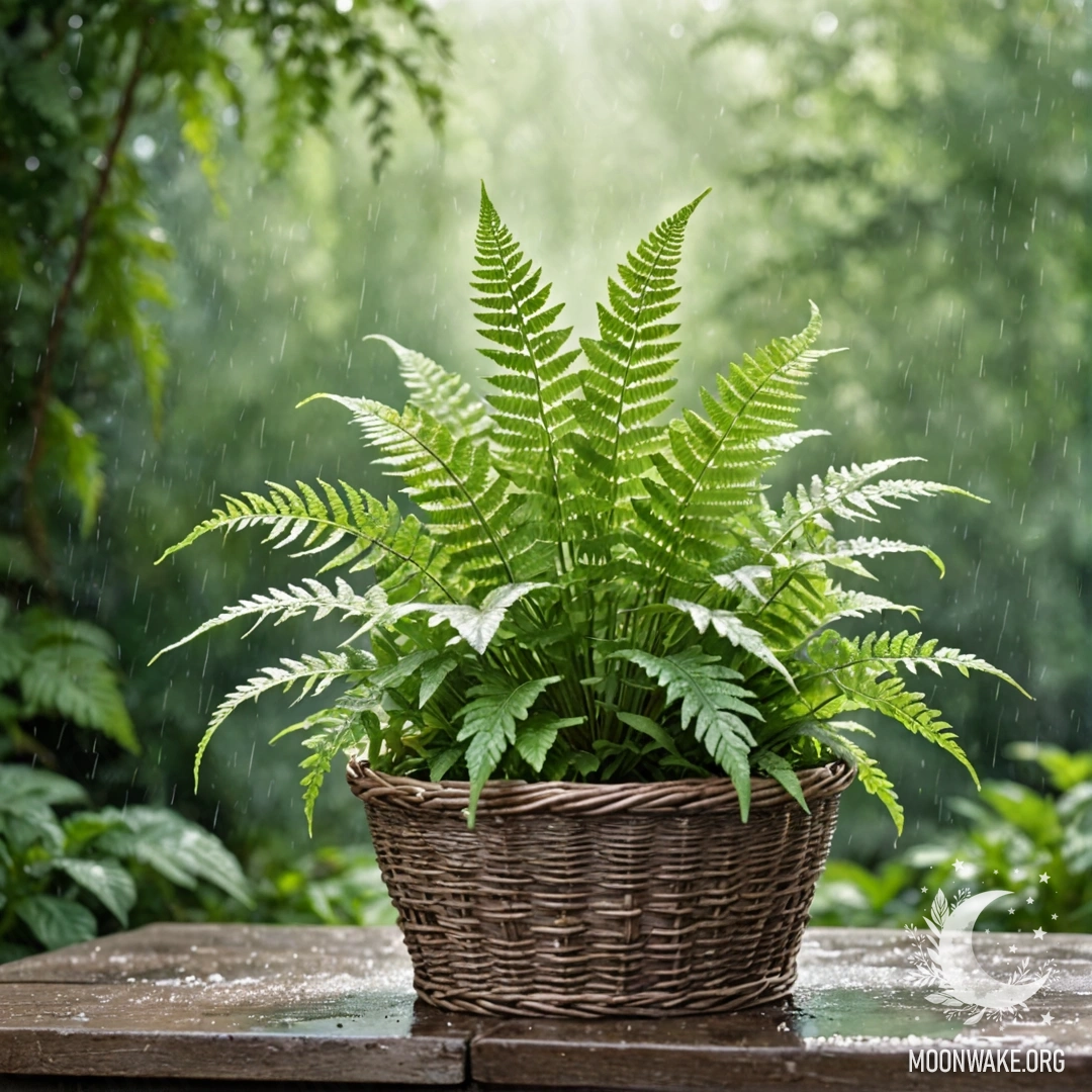 A serene fern resting in a mint-colored basket, drenched by rain, with sun rays filtering through.