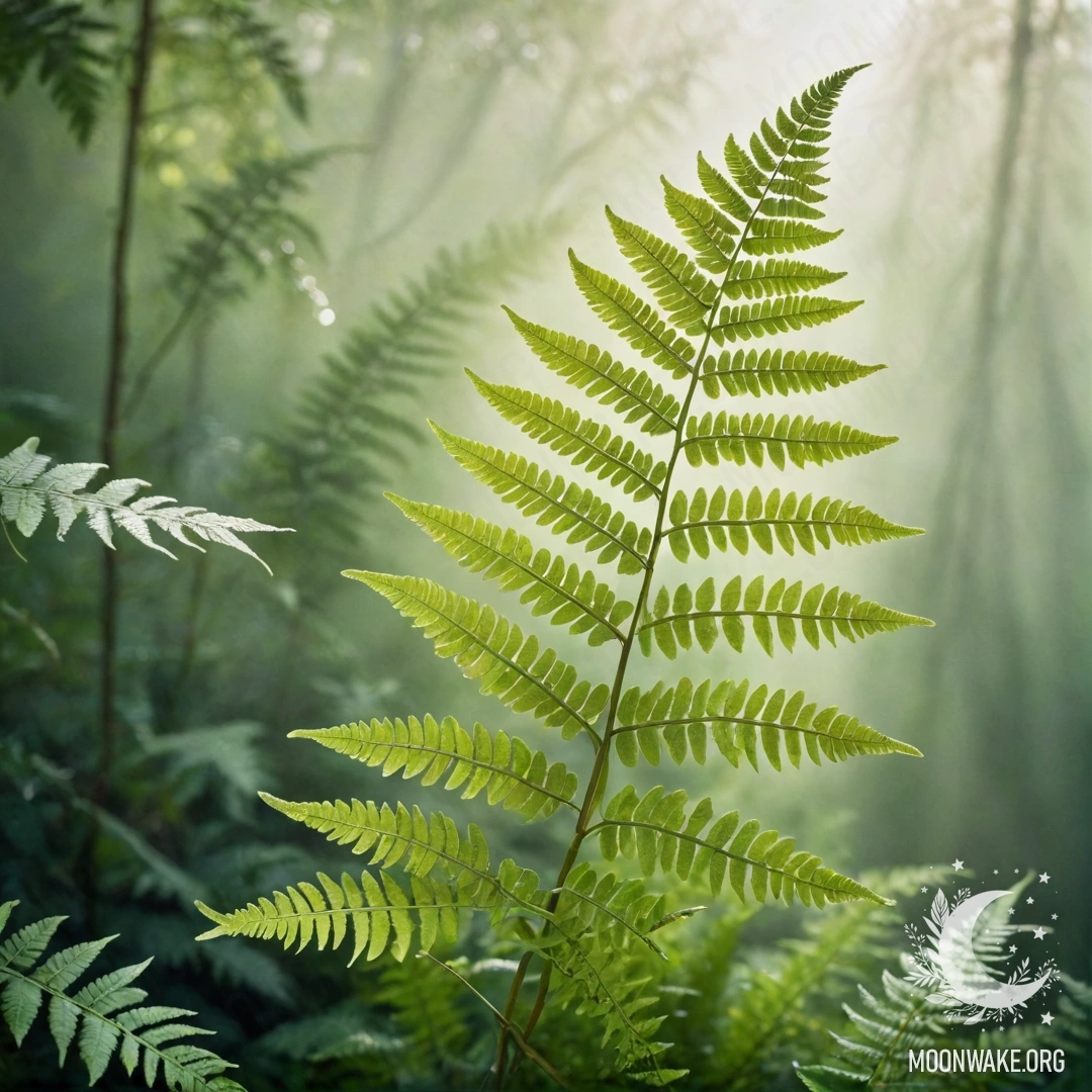 A calm green fern surrounded by fog and gentle sunlight.