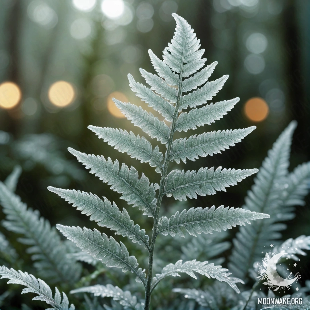 A delicate fern covered in frost, adorned with aquamarine sequins.