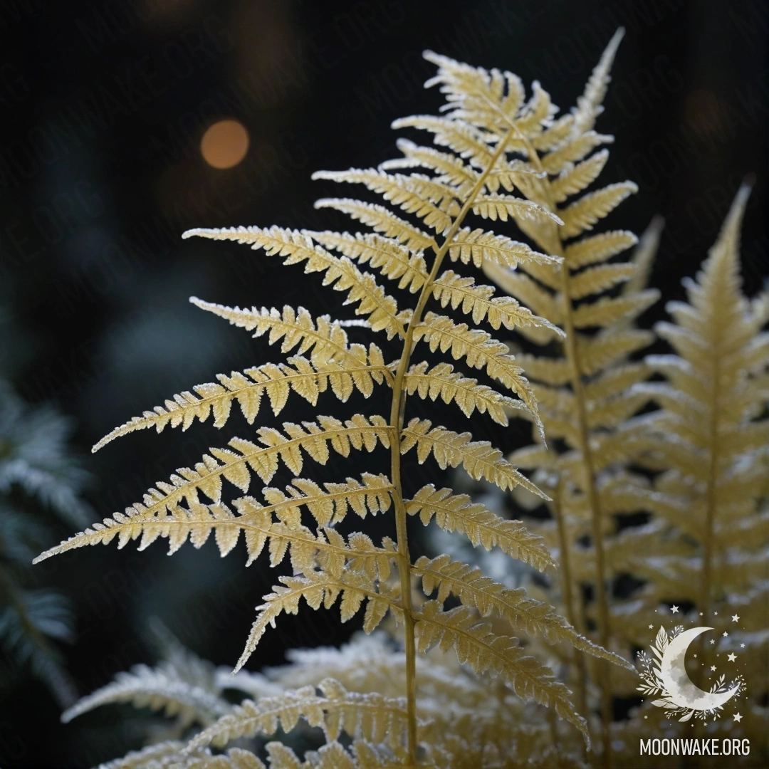 A serene fern covered with frost against a night backdrop.