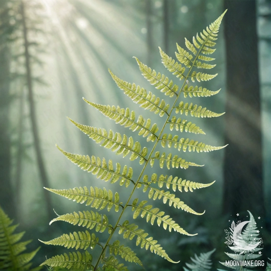 A serene aquamarine fern surrounded by mist and sunny rays, adorned with rhinestones.