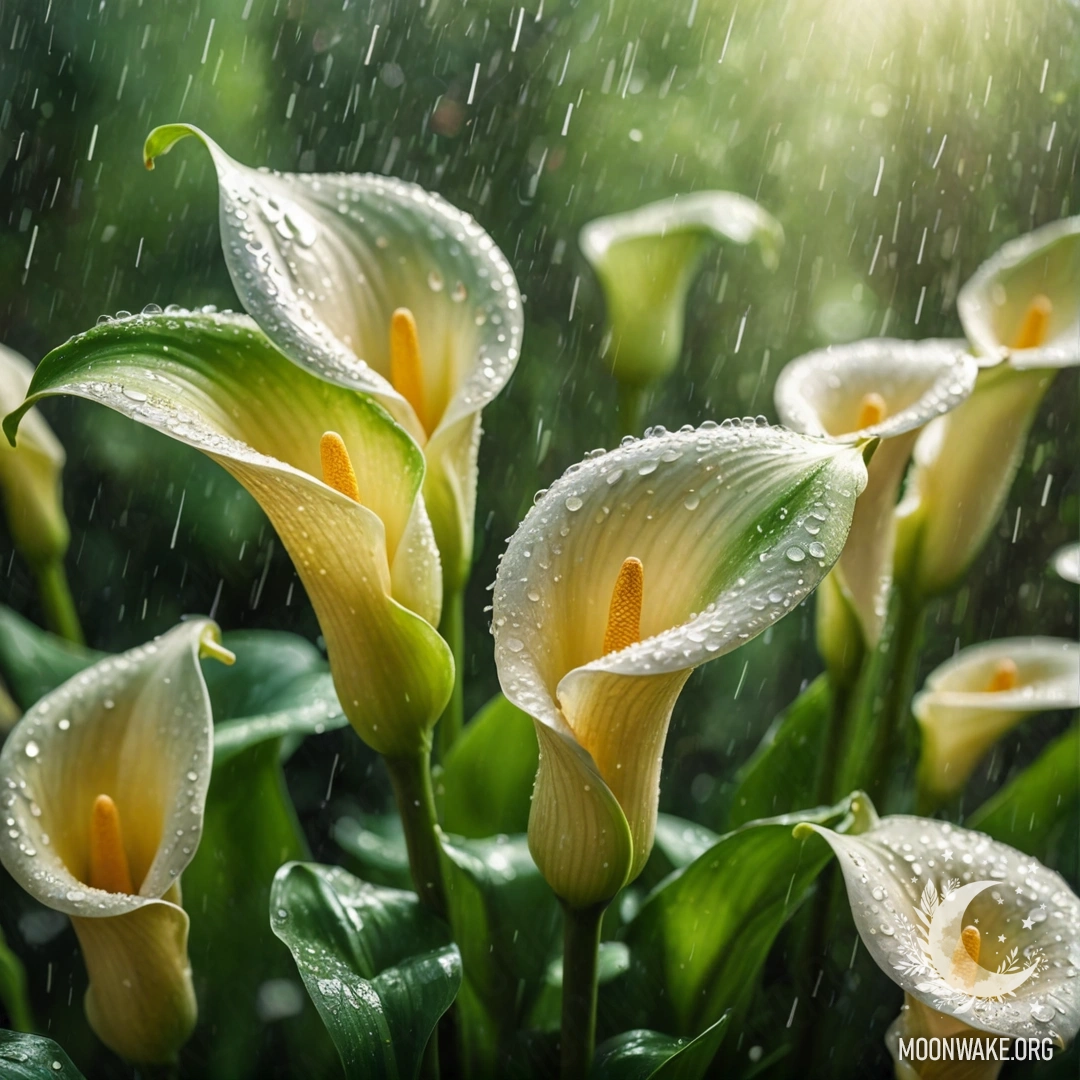 A delicate fern covered in raindrops, shimmering with rhinestones, set against a sunset backdrop in shades of cream yellow.