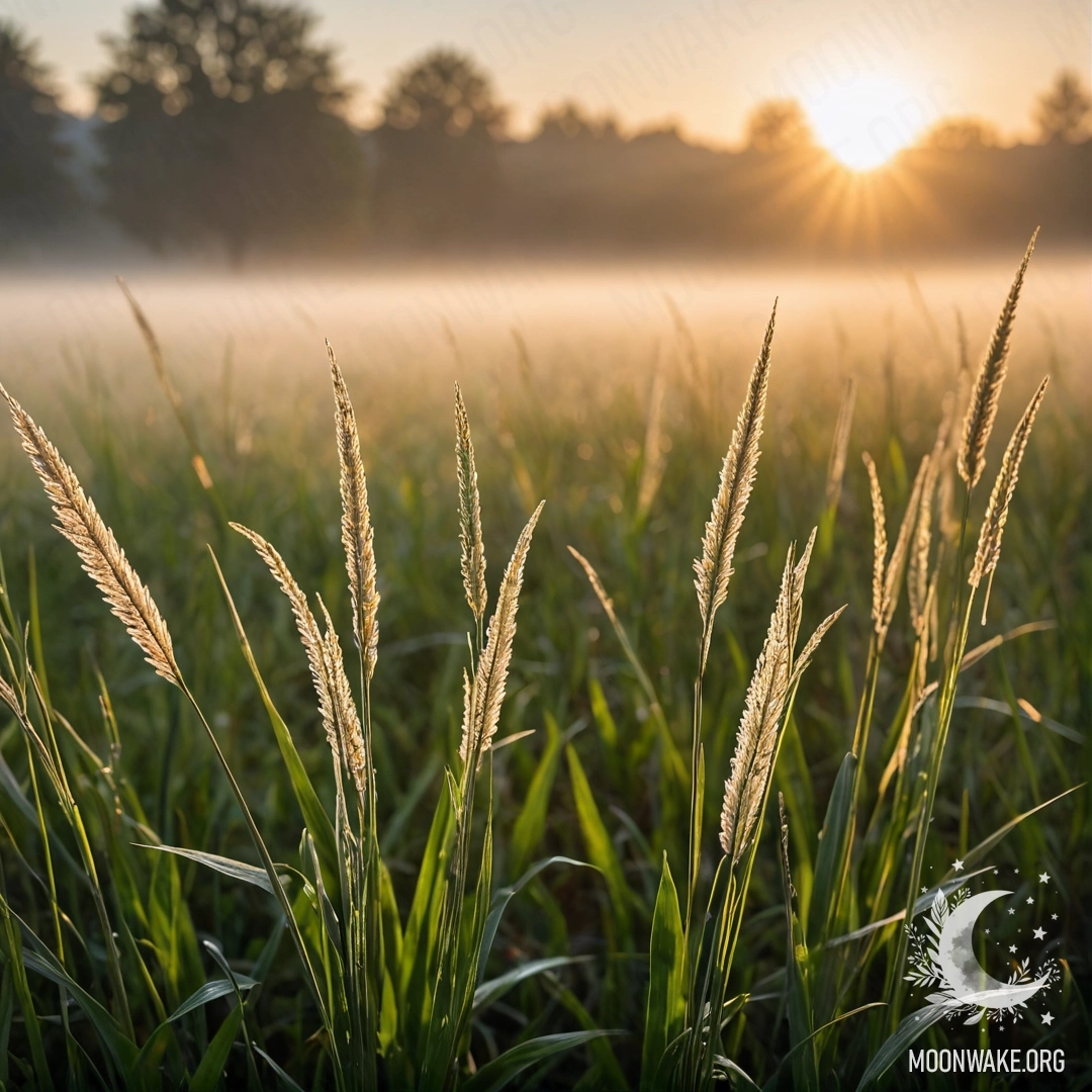 Calm Field at Sunset Close-up of grass in a calm field, blurred background with fog and sunset.