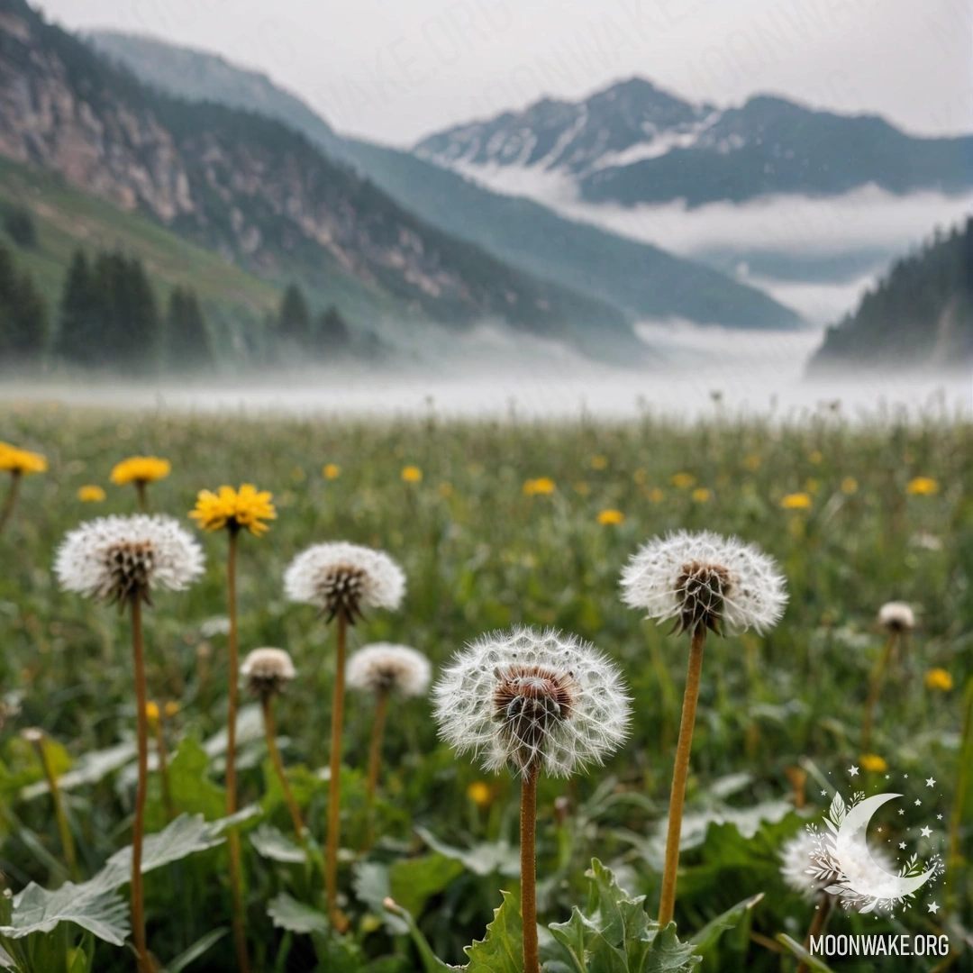 Close-up of dandelions in a calm field, surrounded by heavy fog and mountains in the background.